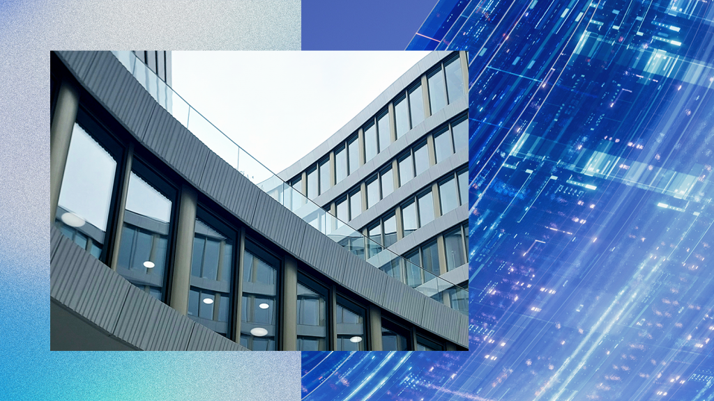 Modern office building with curved glass facade and multiple windows. The background features a digital, abstract pattern with blue and purple hues, resembling circuit boards or city lights.